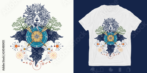 Lion, compass, crossed arrows, roses and evergreen tree. Medieval print for t-shirts and another, trendy apparel design.  Symbols of tourism, hunting and traveling