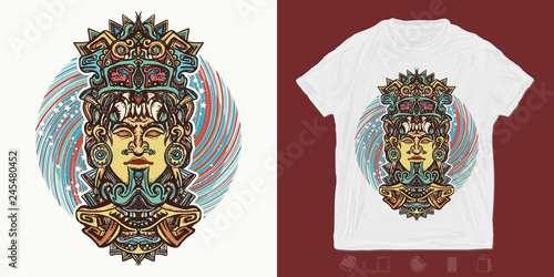 Mayan god. Print for t-shirts and another, trendy apparel design. Ancient aztec totem carved in stone