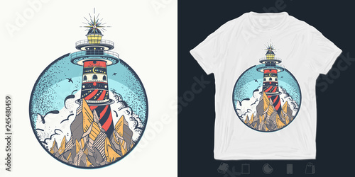 Lighthouse. Print for t-shirts and another, trendy apparel design. Beacon on the rock
