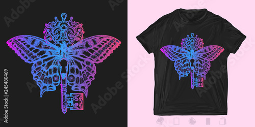 Butterfly and key. Print for t-shirts and another, trendy apparel design. Mystical symbol of freedom, spiritual search, flight, travel