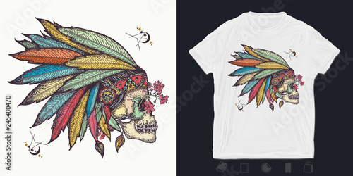 Indian skull. Print for t-shirts and another, trendy apparel design. Warrior symbol. Native American indian feather headdress with human skull