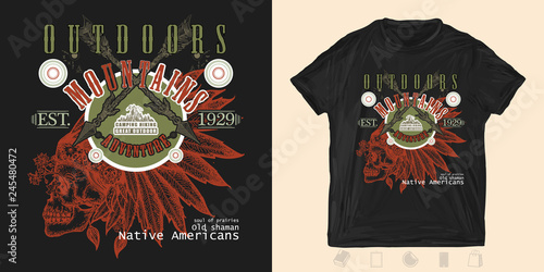 Outdoors. Print for t-shirts and another, trendy apparel design. Native American art, indian feather headdress with human skull. Shaman tribal warrior