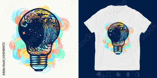 Storm in a light bulb. Print for t-shirts and another, trendy apparel design. Symbol of sea adventures