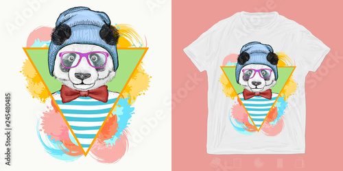 Panda, hipster animals. Print for t-shirts and another, trendy apparel design