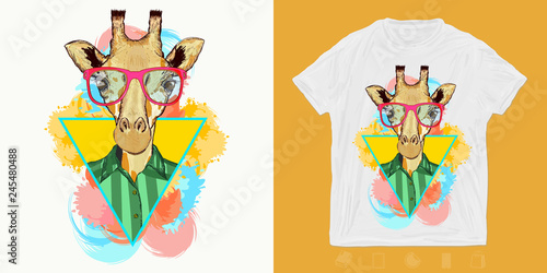 Hipster giraffe, fashion animal . Print for t-shirts and another, trendy apparel design