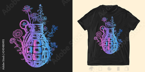 Grenade and flowers. Print for t-shirts and another, trendy apparel design. Symbol of weapon, war and peace, good and evil