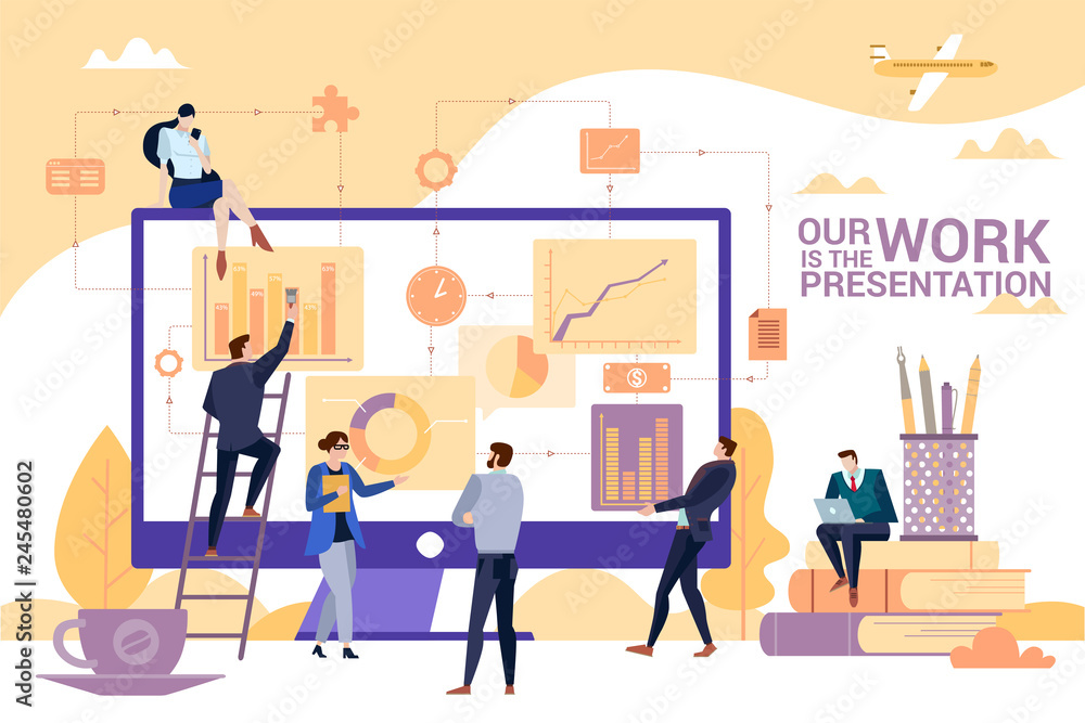 Concept Flat illustration. Business people team make a presentation. Our work is the presentation word. Concept Flat illustration. Business people team make a presentation. Our work is the presentation word.