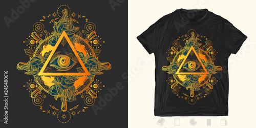 All seeing eye. Print for t-shirts and another, trendy apparel design. Freemason and spiritual symbols. Alchemy, medieval religion, occultism, spirituality and esoteric art