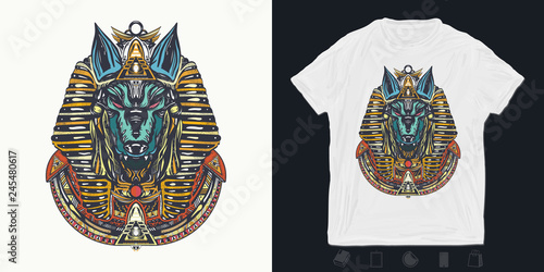 Anubis. Print for t-shirts and another, trendy apparel design.  God of war, Golden Mask of the Pharaoh, symbol of next world, kingdom of dead