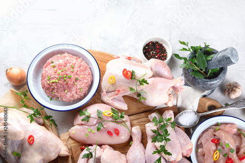 Different types of fresh chicken meat.