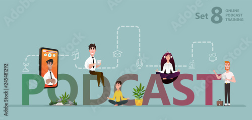 Podcast concept illustration. Students watching recorded podcast training with professor talking from tablet. Online education, podcast, training - vector flat illustration