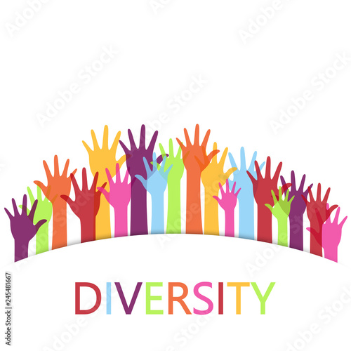 Diversity concept design, hands up with text