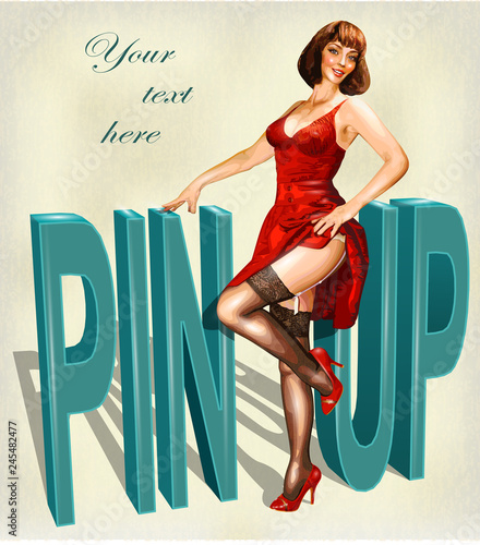 Vintage poster with Pin up girl.
