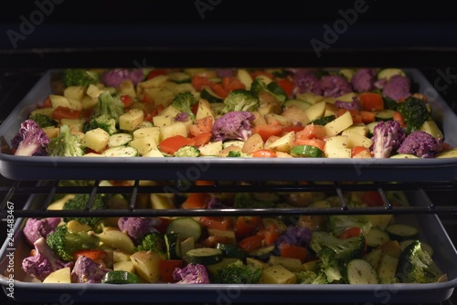 colorful vegetables roasting in oven