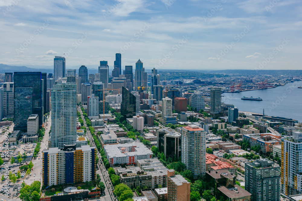 Buildings and streets of downtown by Elliot Bay in Seattle, USA