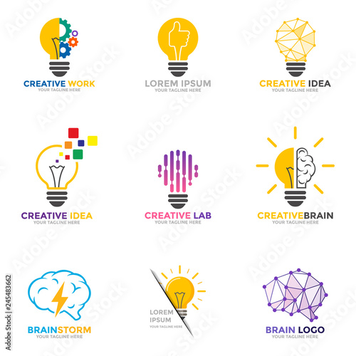 Set light bulb logo. Energy and idea symbol, technology icons.