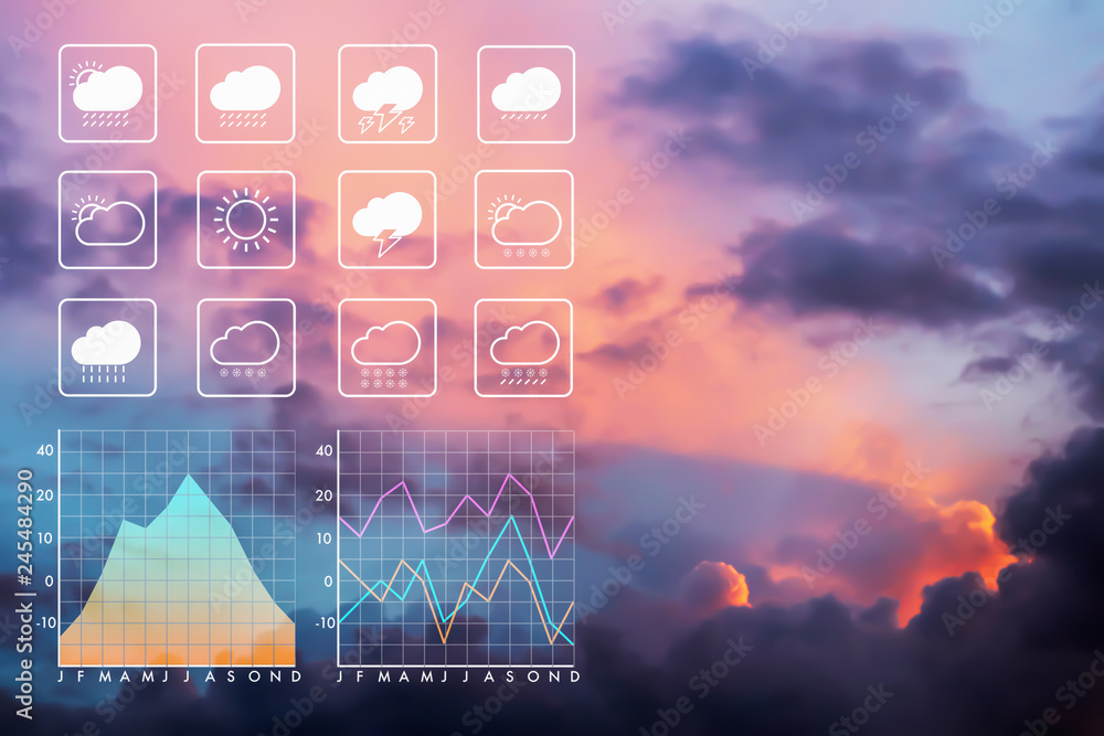 Fototapeta premium Prognoza pogody symbol prezentacji danych z wykresem i wykresem na tle zachodu słońca wieczorem.