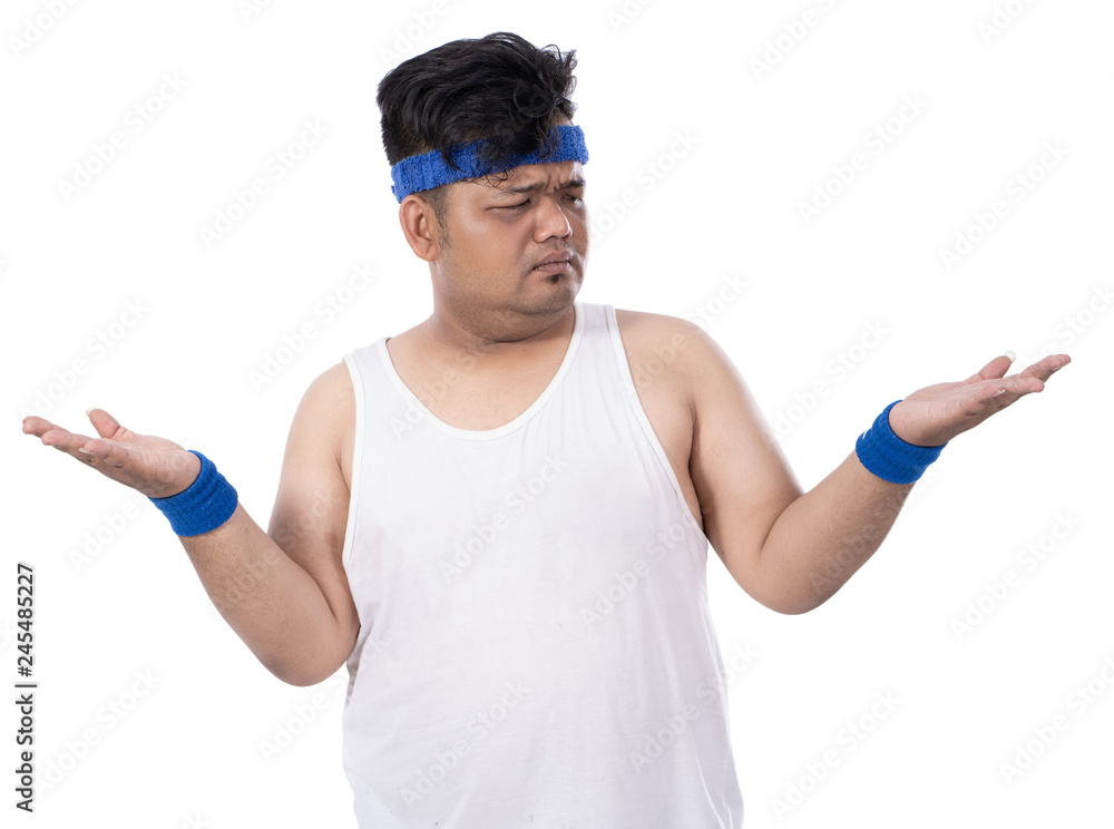 portrait of sporty fat young man raised his hand disappointed portrait of sporty fat young man raised his hand disappointed