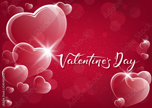 Red Valentine Background with Glassy Hearts over Bokeh Background - Illustrat...