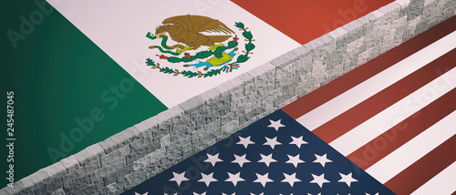 Fototapeta Naklejka Na Ścianę i Meble -  Border wall between US of America and Mexico flags. 3d illustration