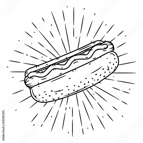 Hand drawn vector illustration with hot dog and divergent rays. Used for poster, banner, web, t-shirt print, bag print, badges, flyer, logo design and more.