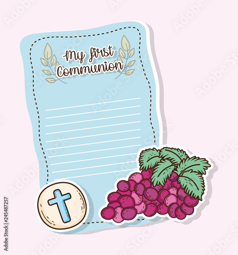 my first communion card with host wafer and grapes