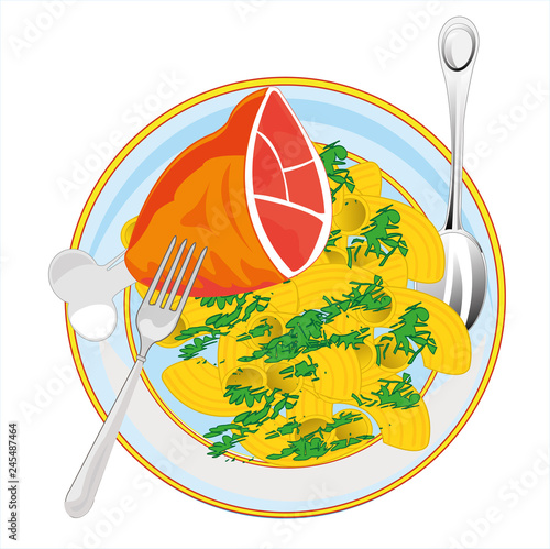 Meat ham with noodle on white background