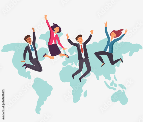 Young, happy business people jumping over world map. Successful, smiling men and women celebrating victory 