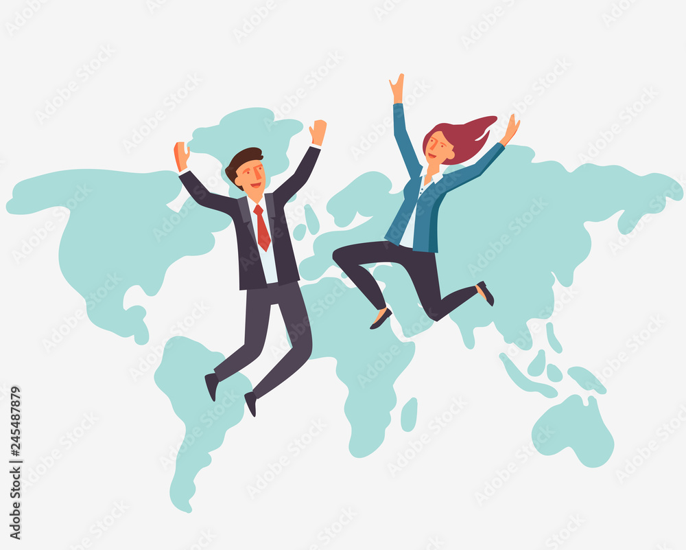 Business people jumping over the city and celebrating victory Business people jumping over the city and celebrating victory