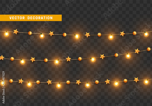 Christmas decorations, isolated on transparent background. Golden light garlands and star realistic set. Gold Xmas decor. Festive design element