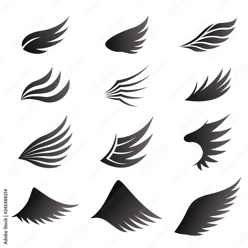Naklejka premium Set of black wings on white background