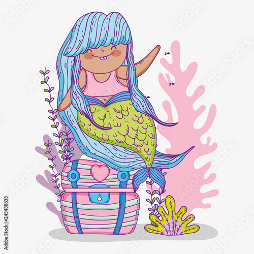 mermaid woman in the coffer with seaweed plants