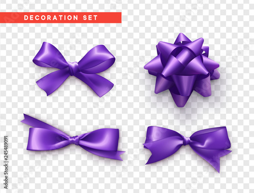 Bows purple realistic design. Isolated gift bows with ribbons.