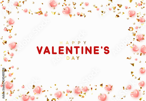 Background with pink hearts and round beads strewn with golden confetti
