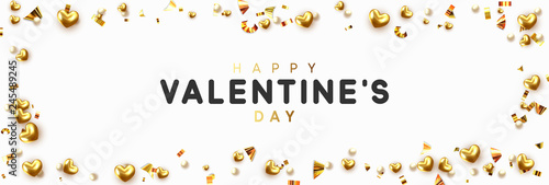 Background with gold hearts and round beads strewn with golden confetti