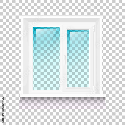 vector image of a plastic window with transparent glass, a window sill and a slope on a transparent background