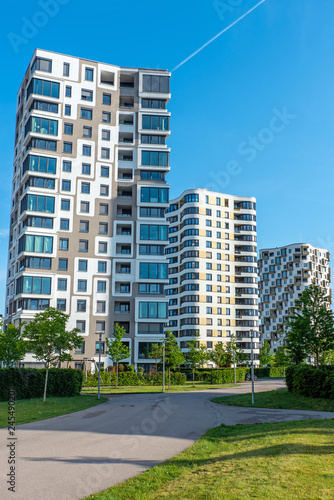 Modern highrise apartment buildings seen in Munich, Germany