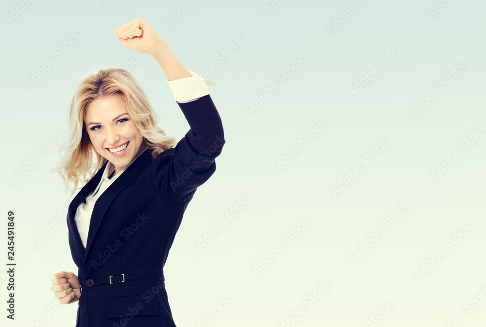Happy gesturing young cheerful businesswoman Happy gesturing young cheerful businesswoman