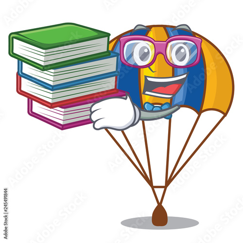 Student with book parachute in shape of acartoon fuuny