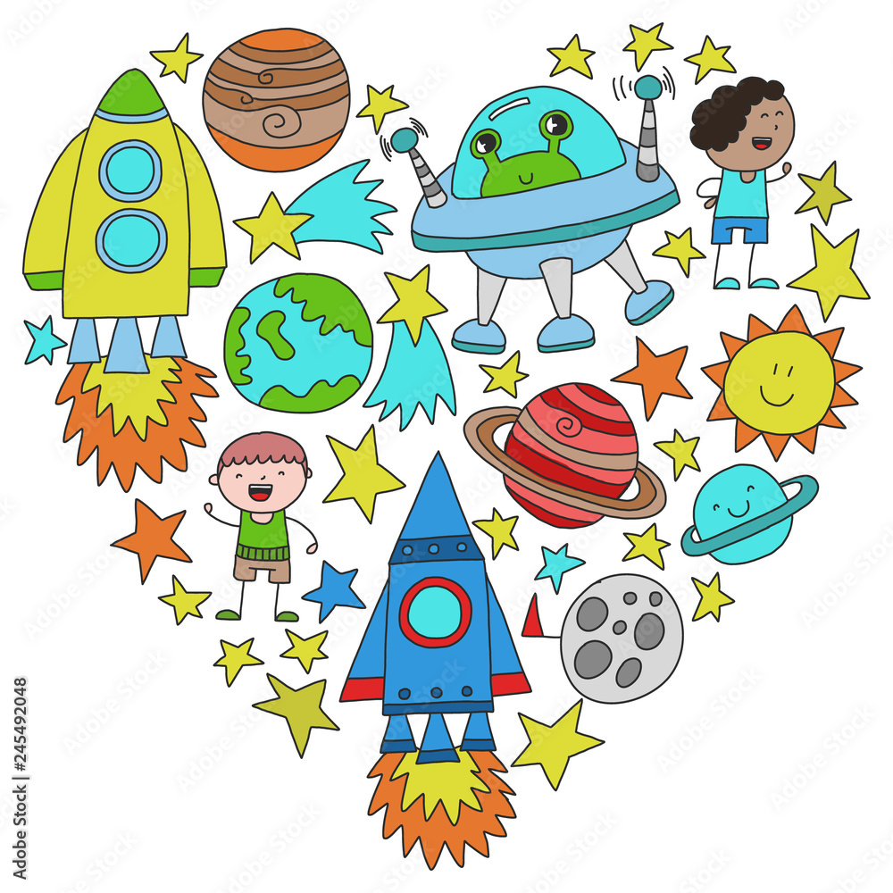 Fototapeta premium Vector set of space elements icons in doodle style. Painted, colorful, pictures on a piece of paper on white background.