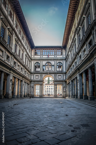 Uffizi Gallery. Piazza degli Uffizi square in the early Sunny autumn morning. Florence, Tuscany, Italy photo