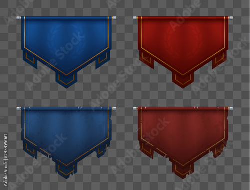 Blue versus red team banners on poles. Medieval pennants, old and new. Victory and defeat. Asset for game ui. Eps10 vector