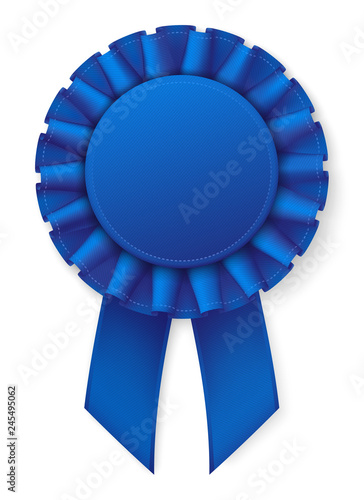 Blue realistic award badge. Fabric ribbon with texture. White thread border. Eps10 vector