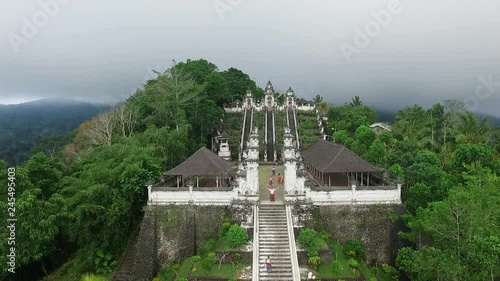 Flying drone in front of Balinese temple Pura Lempuyang Luhur.