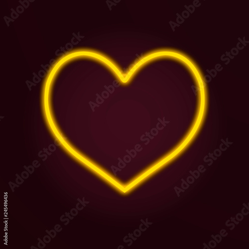 Golden neon heart on dark background with copy space for your text. Valentine card design template.
