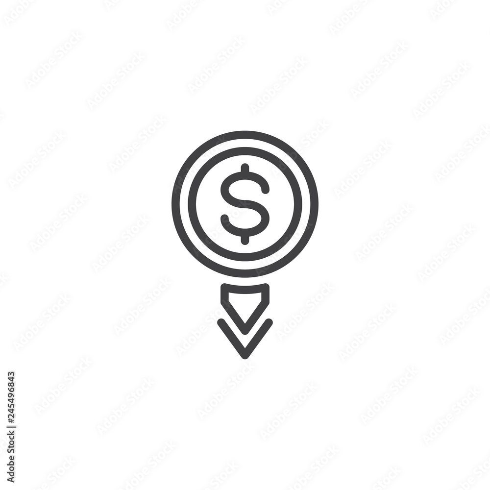 Money loss line icon. linear style sign for mobile concept and web design. Dollar money with arrow down outline vector icon. Symbol, logo illustration. Pixel perfect vector graphics Money loss line icon. linear style sign for mobile concept and web design. Dollar money with arrow down outline vector icon. Symbol, logo illustration. Pixel perfect vector graphics