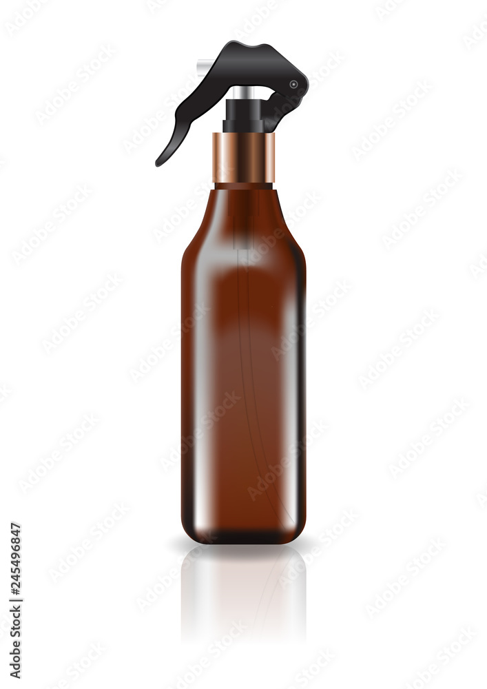 Blank brown cosmetic square bottle with spray head for beauty or healthy product. Isolated on white background with reflection shadow. Ready to use for package design. Vector illustration. Blank brown cosmetic square bottle with spray head for beauty or healthy product. Isolated on white background with reflection shadow. Ready to use for package design. Vector illustration.