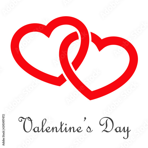 Logotipo abstracto con texto Valentine's Day con dos corazones lineales entrelazados en color rojo