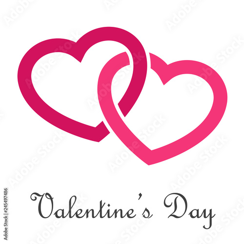 Logotipo abstracto con texto Valentine's Day con dos corazones lineales entrelazados en color rosa