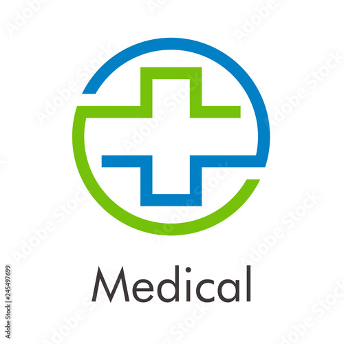Logotipo abstracto con texto Medical con cruz lineal en círculo en verde y azul